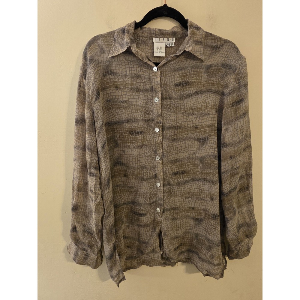 VTG‎ Piano Women's Size XL 100% Silk Alligator Slin Pattern L/S Button-Up Shirt